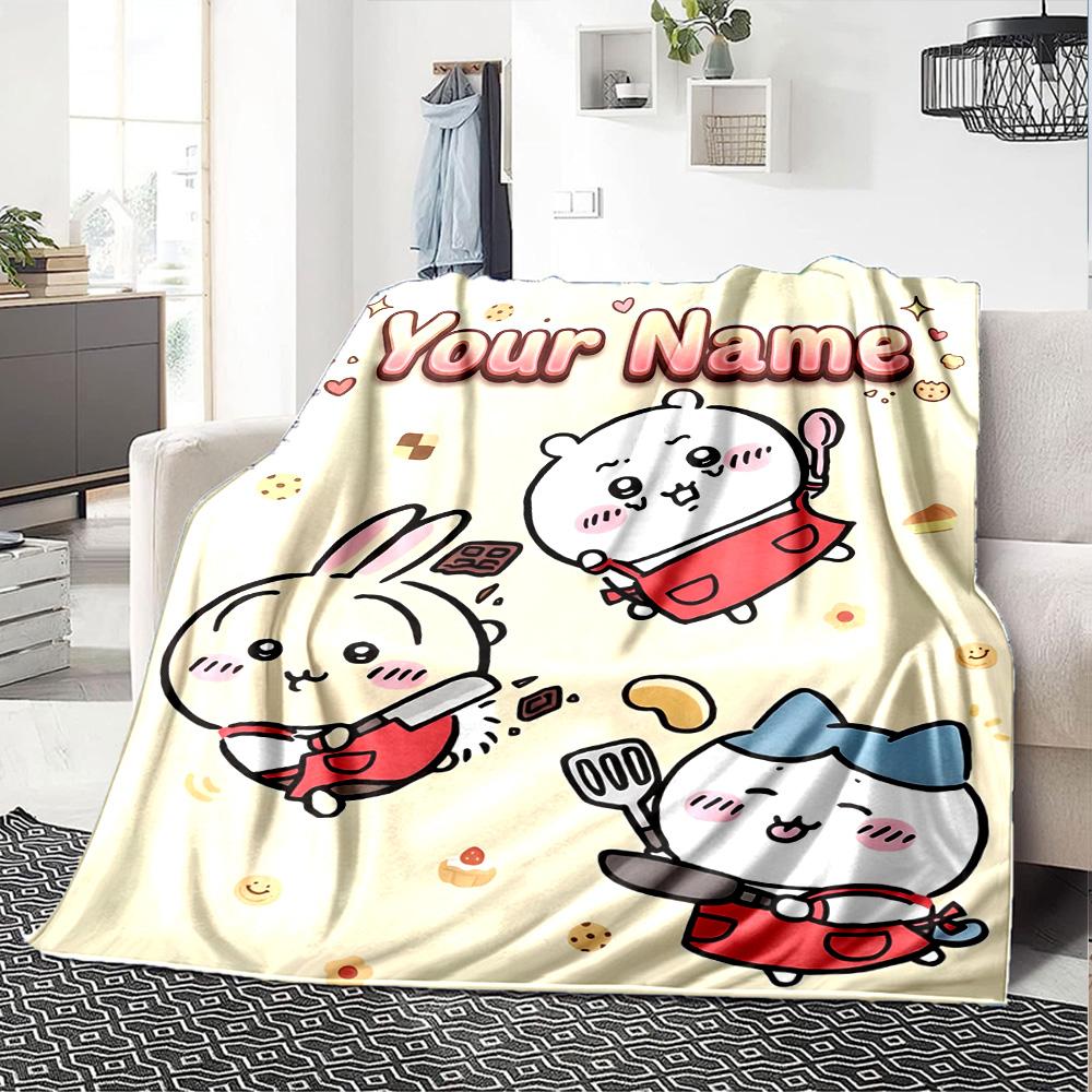 1pc Chiikawa Blanket with Custom Name, Gift, for Men and Women, Soft Blanket, Good for Sofa Bed Couch Travel, Lightweight Flannel Blanket