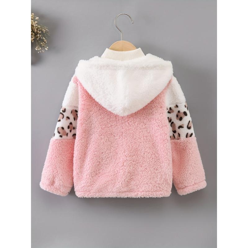 Cozy & Cute Girls' Leopard Print and Pink Fleece-Lined Zip-Up Hoodie Jacket - Warm, Thick Polyester Blend for Autumn/Winter, Long Sleeves,Casual Style