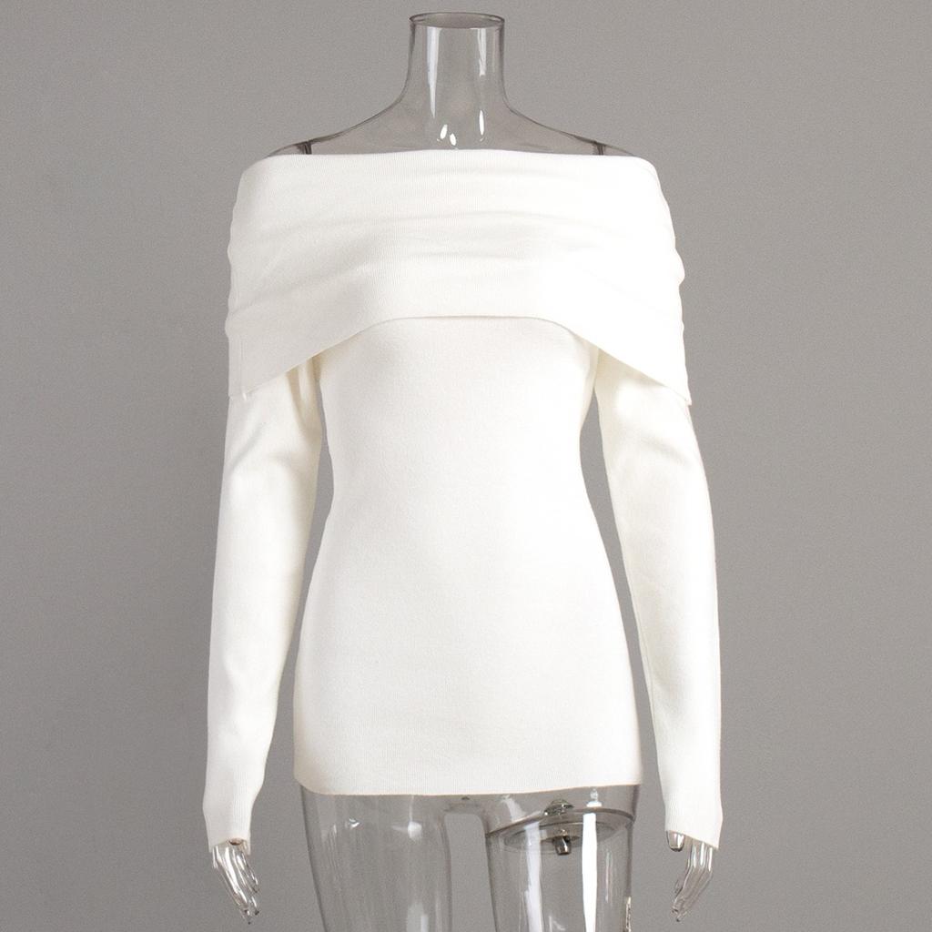 2025 Autumn Winter Women's Sweater Long Sleeve Knitted Crop Top Off Shoulder Sexy Slim Fit Basic Pullover