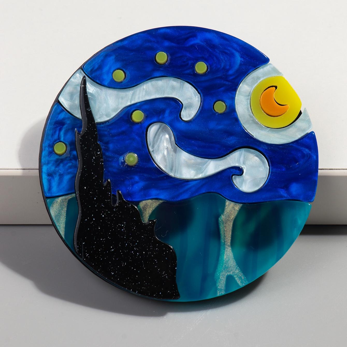 

New World Famous Paintings The Starry Night Acrylic Brooch Round Circle Iridescent Brooches Pins for Women Clothing Accessories MULTI