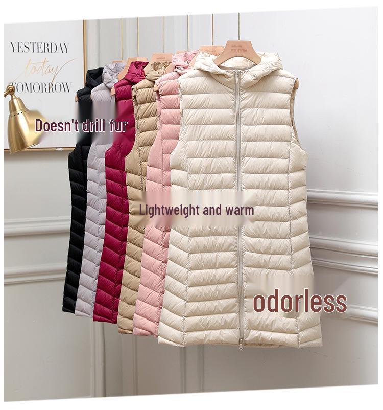 Damen Schlankmachende Leichte Daunenweste, Mittellange Sportjacke & Mütze für Herbst/Winter - Übergröße Verfügbar