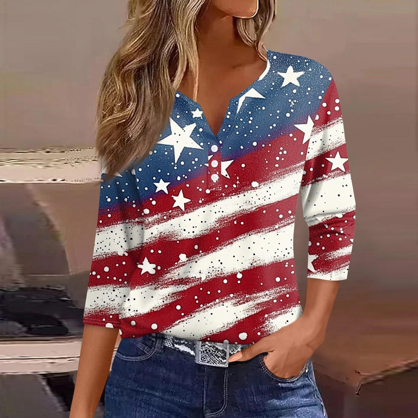 

Женская футболка с принтом «День независимости» на пуговицах, рукав 3/4, туника, повседневная мода на выходные, базовый топ с V-образным вырезом S винный