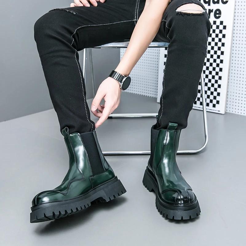 Neue Chelsea Boots für Herren Grün Schwarz Lackleder Runde Zehen Slip-On Schuhe für Männer mit Größe 38-44 Stiefeletten