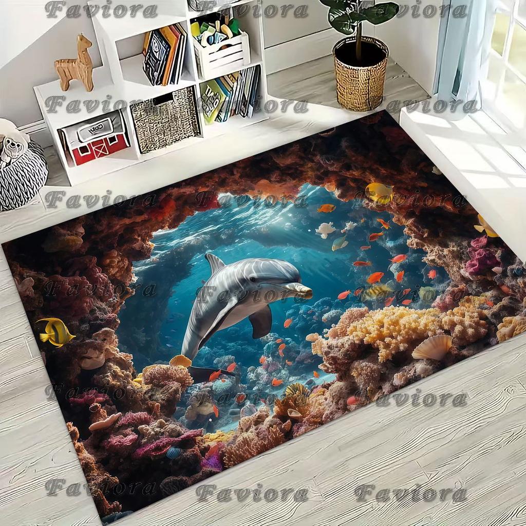 27 Style 3D Illusion Sea Underwater World Dolphin Rug for Bedroom Living Room Sofa Home Doormat Decor, Kids Non-slip Floor Mat
