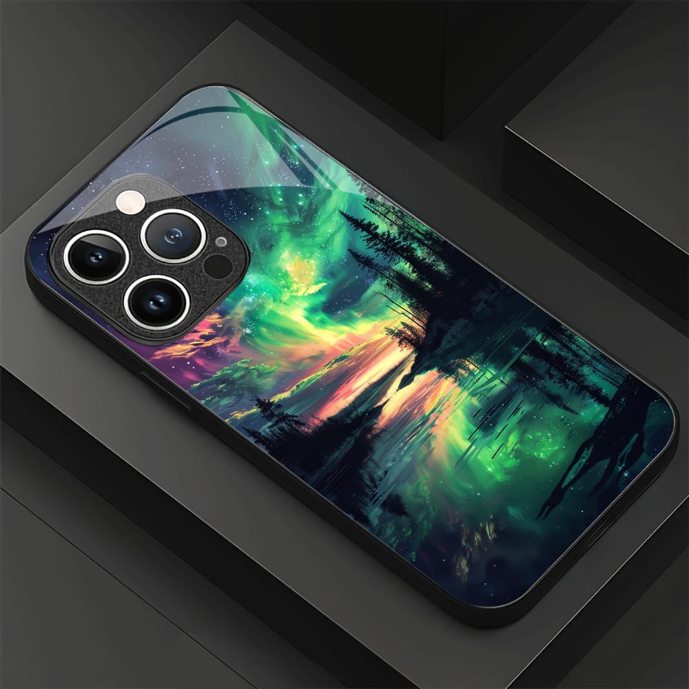 Aurora Night Sky Black Glass Phone Case For iPhone 17 16 15 14 13 12 11 Pro Max Plus Soft Silicone Bumper Anti‑Knock Back Cover