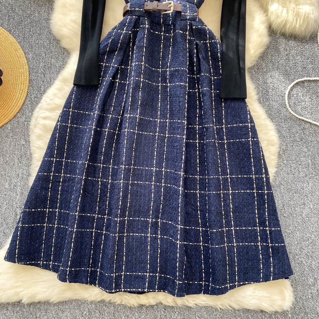 Fall Winter Women Sweater Dress Set Casual Knitted Pullover Tops + Plaid Tweed Dress 2 Piece Outfits Female With Belt