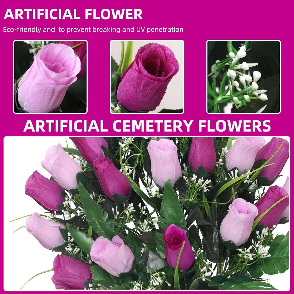 Lodou Artificial Cemetery Flowers,Outdoor Grave Decorations Roses,Arrangements Bouquet with Cemetery Vase, Silk Flowers for Long-Lasting Remembrance