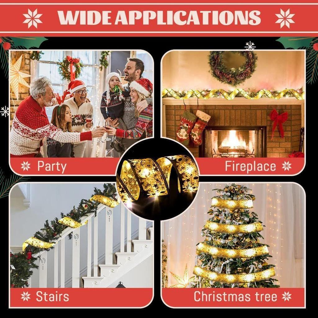 Weihnachtsbaumband (L=3m,B=5cm) Goldene Lichterkette, 30 LED Warmes Licht Dekorative Schleife für Weihnachtsdekoration, Geschenkverpackung(Keine Batterien enthalten)