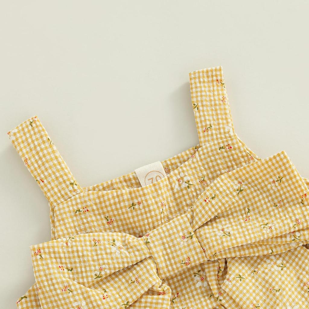 Tvådelat uppsättning för spädbarn för spädbarn, ärmlösa blommiga plädmönster med rosettdekor Camisole elastiska midjeshorts