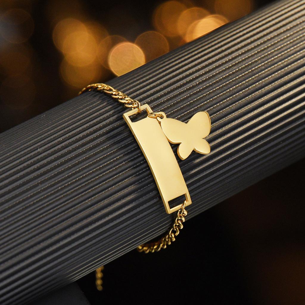 Atoztide Personalized Custom Name Bar Bracelet Stainless Steel For Men Women Engrave Letter Butterfly Figaro Chain Jewelry Gift