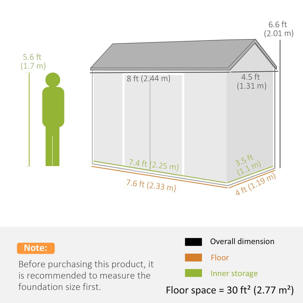 8 X 4 Ft Resin Garden Shed, Wood-Effect Outdoor Storage Shed with Floor, Windows, Lockable Doors and Vents, Dark Grey
