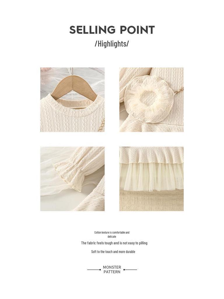 Autumn Knitted Lace Patchwork Dress for Baby Girls - Beige, Long Sleeve, Round Neck