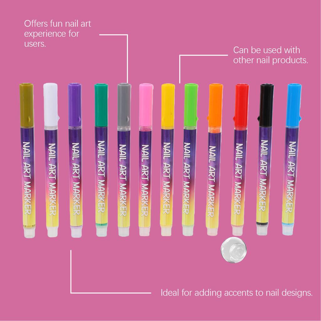 12 Colors Nail Art Pen Set Quick Drying Long Lasting Colors Manicure Nail Polish Pen for Beginners