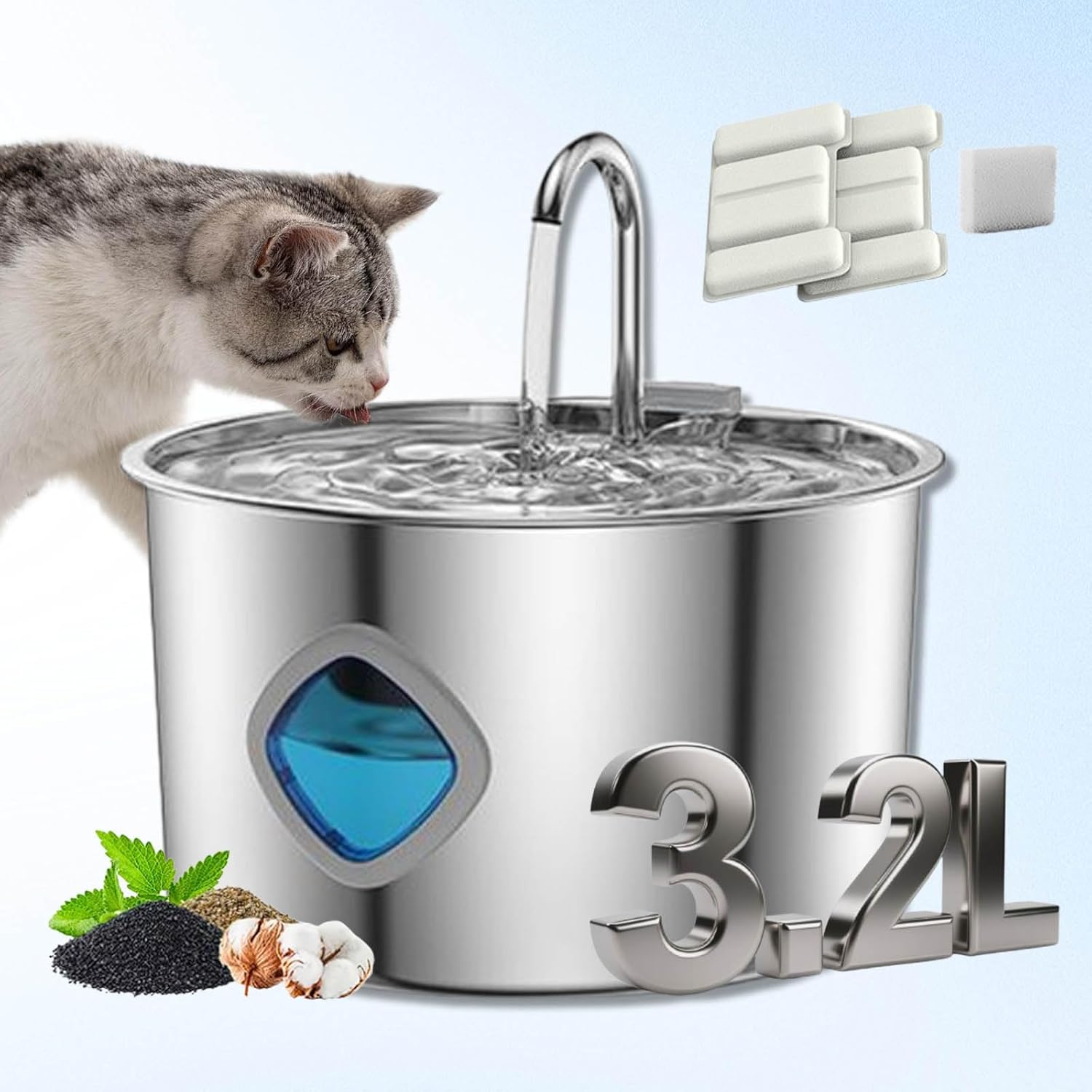 

ATUBAN Cat Water Fountain, 3.2L Hydro Vet Filters Water Fountain, Stainless Steel Automatic Pet Water Dispenser Flor Cats Dog 3.2L серебряный