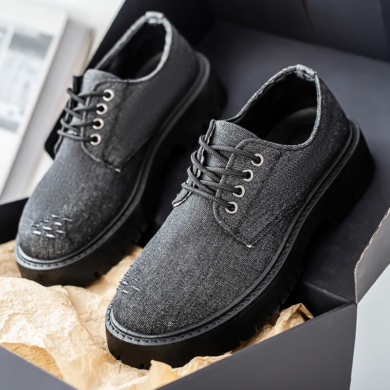 Fashion Men Black Canvas Thick Soled Oxford Shoes Lace Up Thick Soled Casual Shoes Retro Streetwear Style Designer Shoes 2025 Slippers