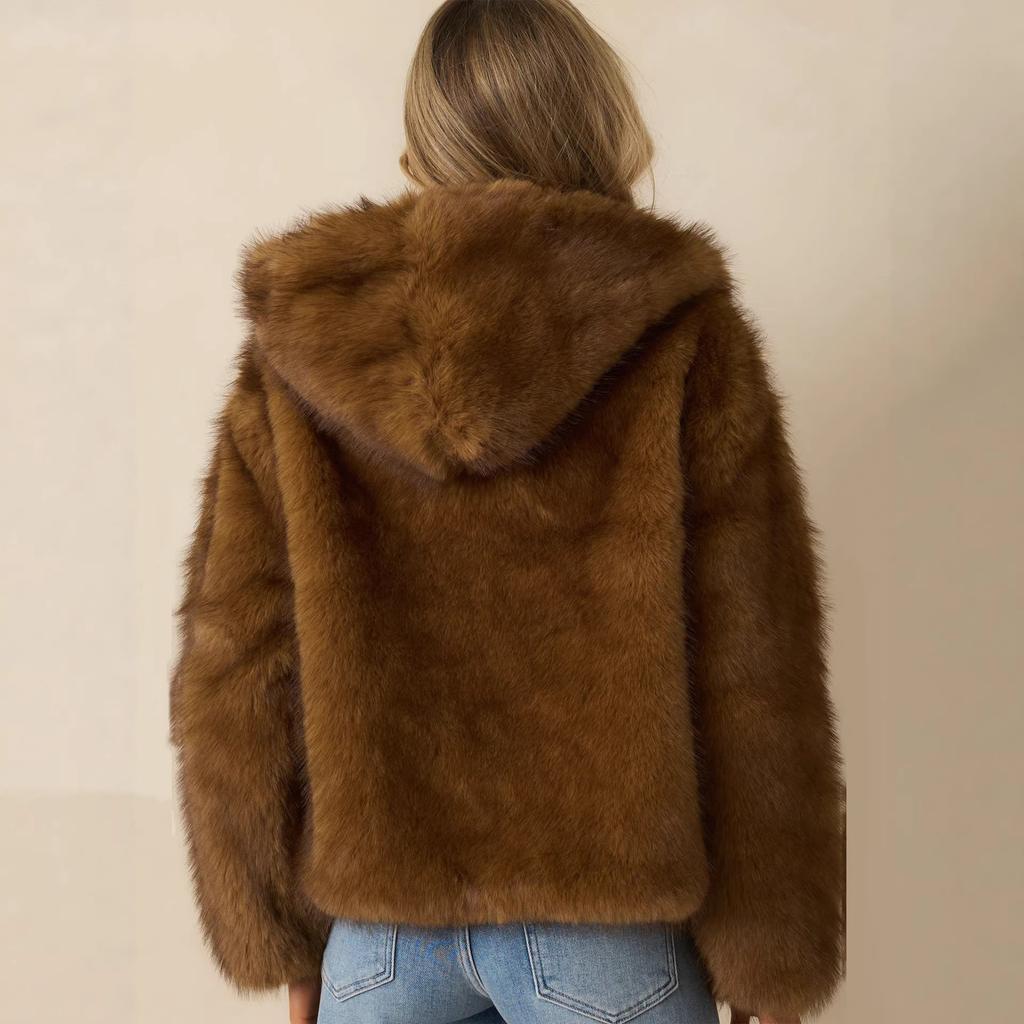 Brown imitation fur hooded jacket European and American fashion women's jacket soft plush side pockets ribbed lining