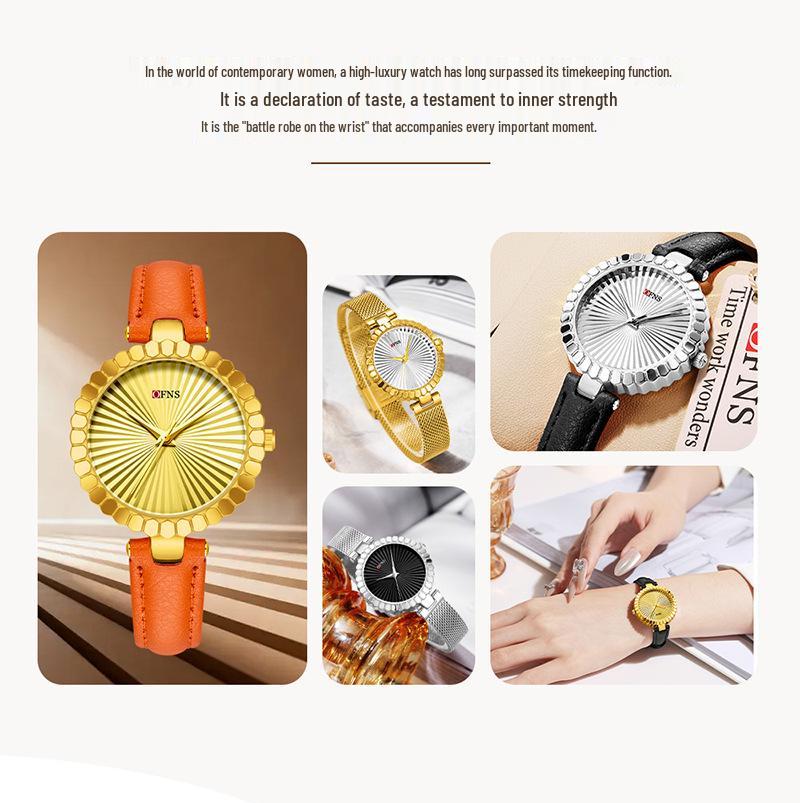 Oufanni Women's Sunburst Quartz Watch with Cowhide Strap – Waterproof, Fan-Shaped Versatile Design, Model 1643.