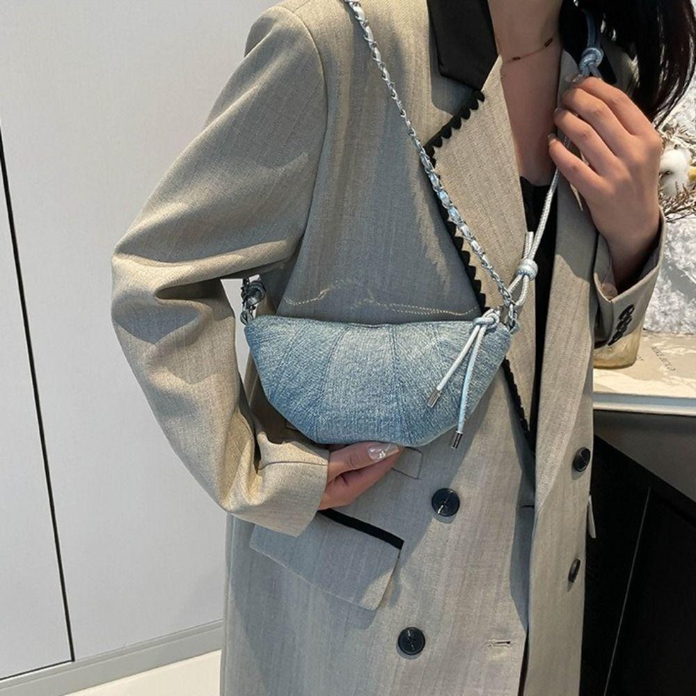 Chain Denim Dumpling Bag Half Moon Nylon Shoulder Bag Elegant Croissant Pack Satchel  Travel