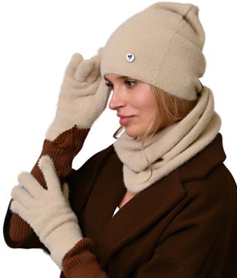 Beige Women's Set Hat + Scarf Loop + Gloves Warm Winter Set