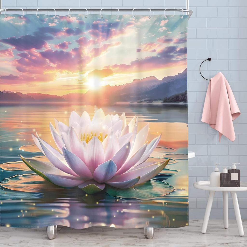 Japanese Shower Curtain Fuji Mountain Cherry Blossom Asian Anime Theme Burgundy Sun Koi Watercolor Floral Spring Cool Fabric