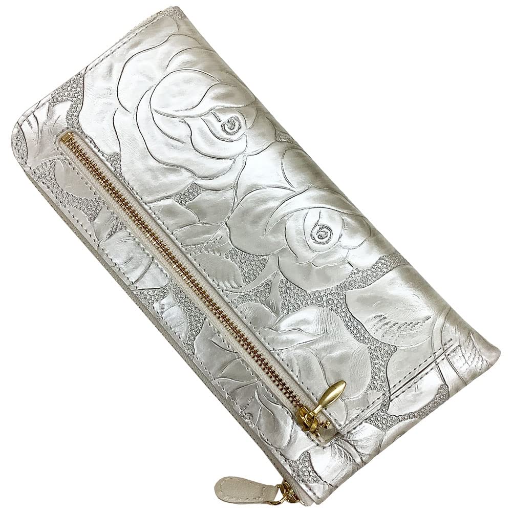 

Kyoto Naniwaya Thin Zipper Long Wallet Cowhide Rose Embossed Rose [HARUBE] L-shaped Women s #83-157 Metallic Rose (Ivory Silver)