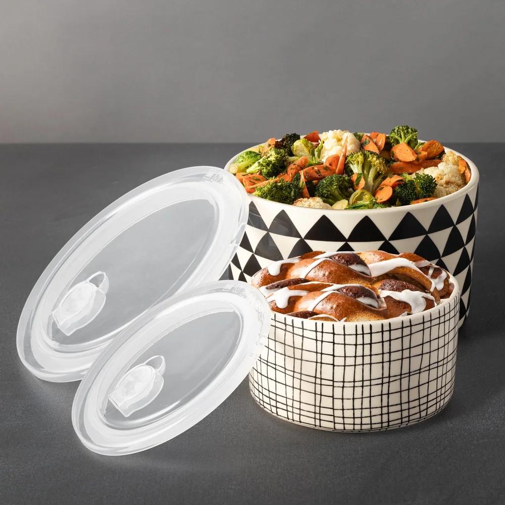 4 Piece Round Ceramic Baking Dish Set with Lids Medallion Design Oven Safe Non Stick Versatile Kitchen Bake and Store