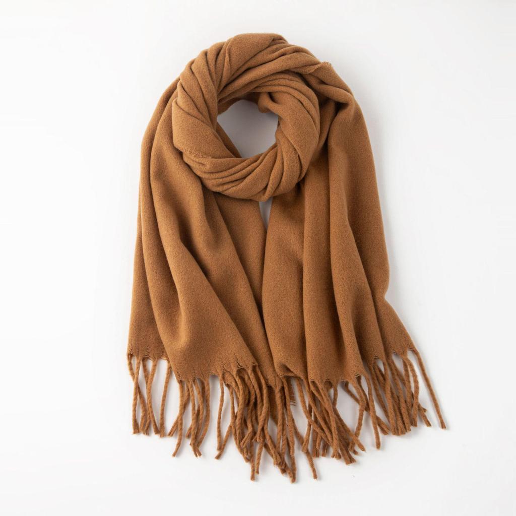 Korean-Style Faux Cashmere Shawl, Solid Color, Versatile Tassel Scarf for Women