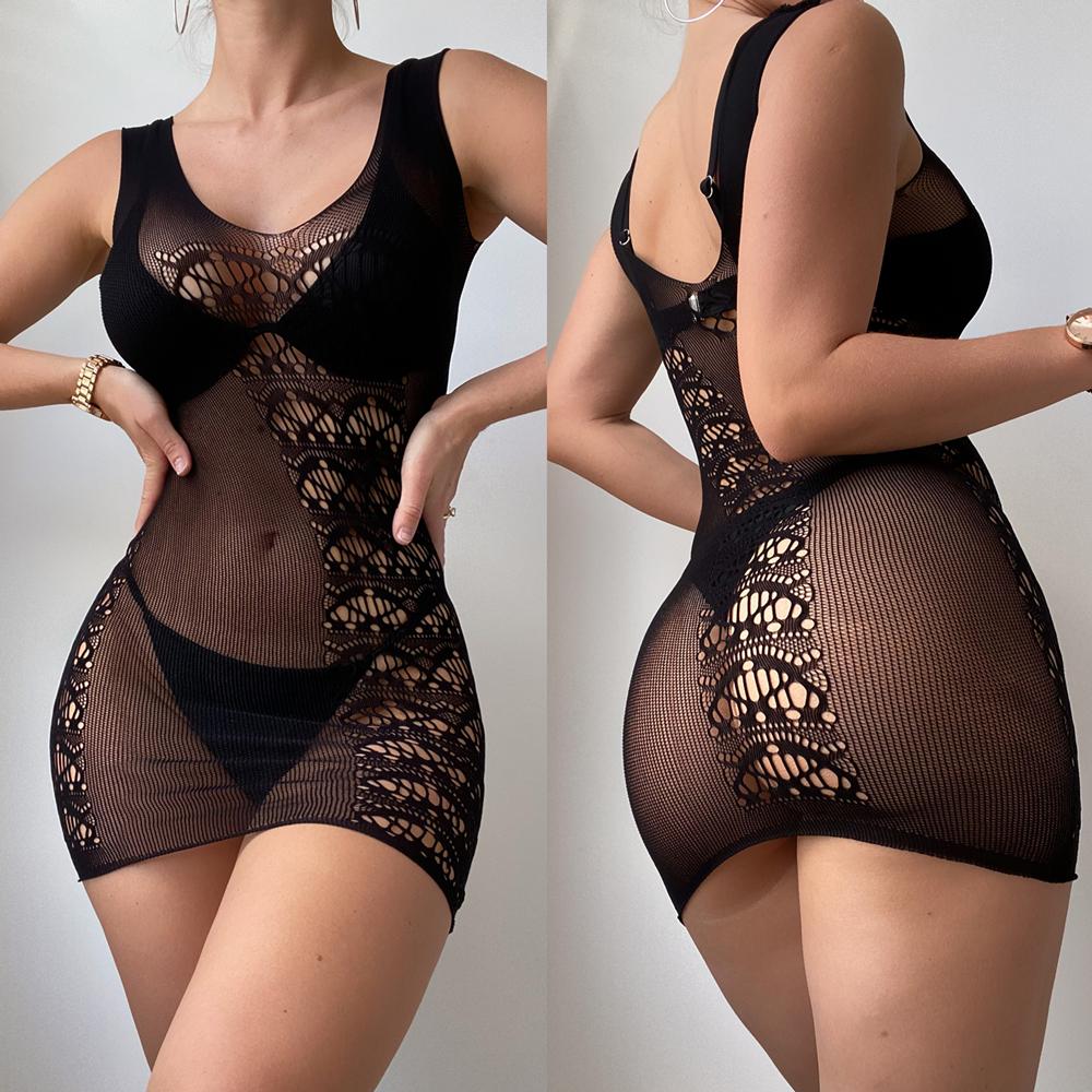 New Ladies Summer Lingerie Fishing Net Wrap Hip Skirt Hollowed Out Backless Mini Short Skirt Bodysuits Dress Women Nightwear