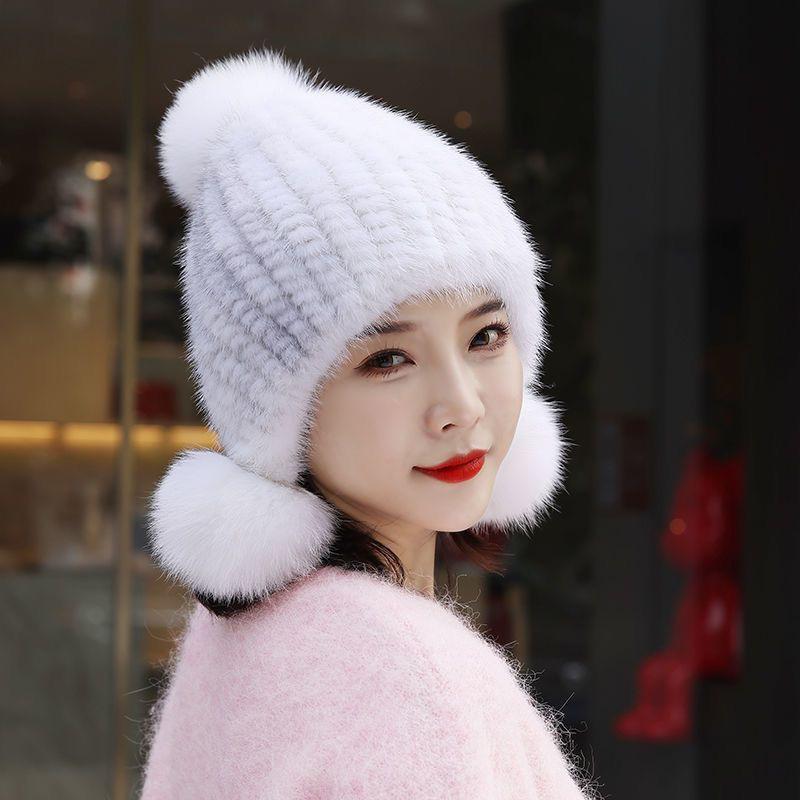 Yutong Women's Winter Mink Hat with Fox Pom and Ear Protection