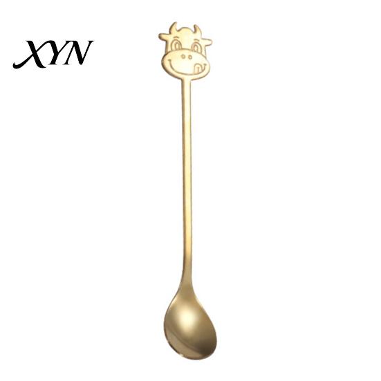 Long Handle Spoon Stainless Steel Coffee Spoon, with Bull Head Decor, Pudding Dessert Multifunctional Stirring for Milk Tea Yogurt Jam Rust Resistant