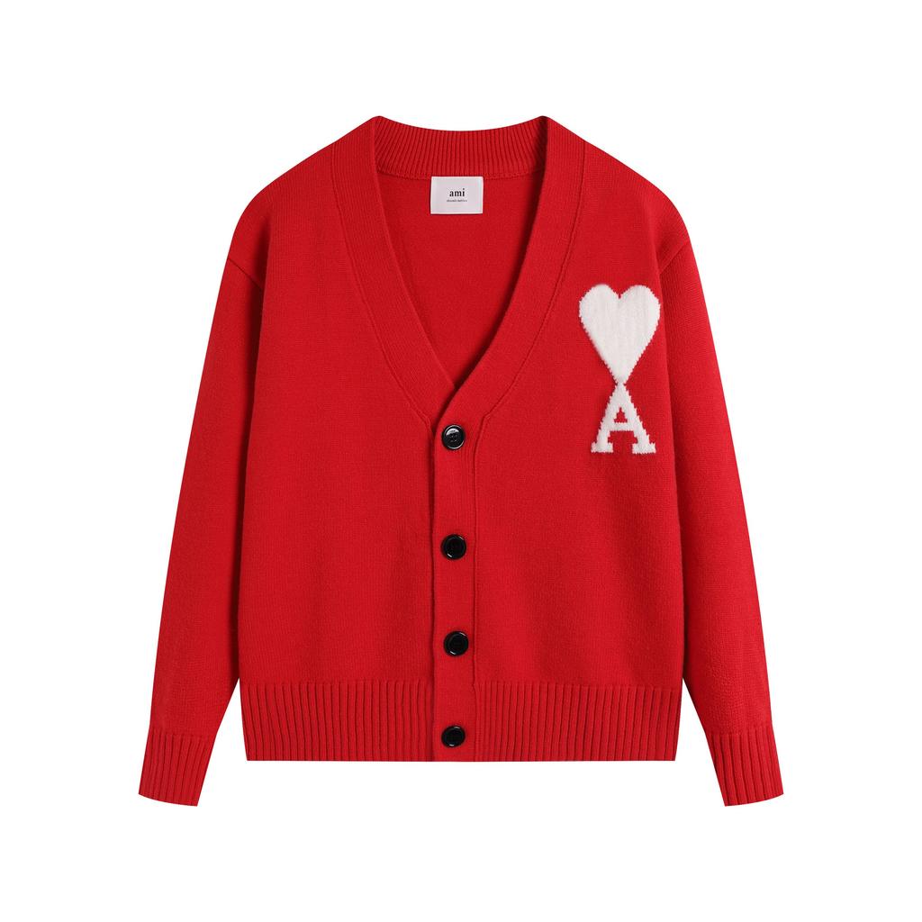 AMI 2025 Classic Couple's Embroidered White Heart Cardigan Wool Sweater