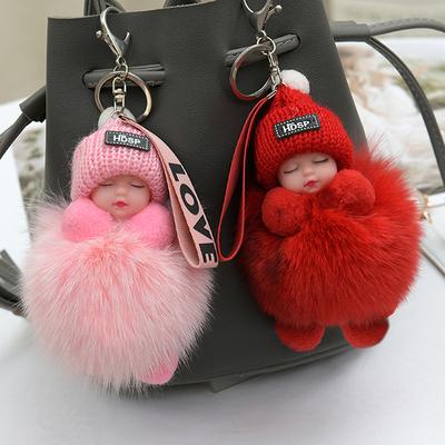 Pompom Sleeping Baby Keychain Cute Fluffy Plush Doll Keychains