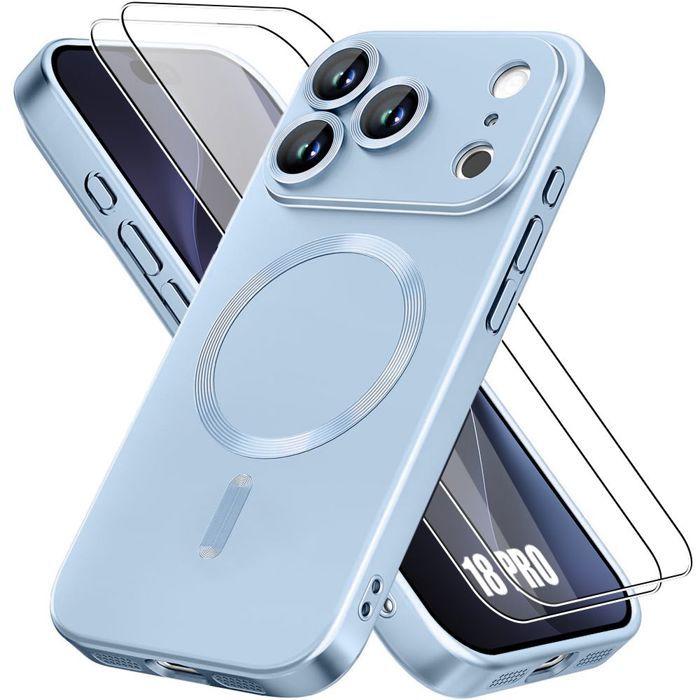 Coque + 2 Verres Trempés pour iPhone 18 Pro, Silicone Ultra Slim avec Cercle Magnétique Bleu