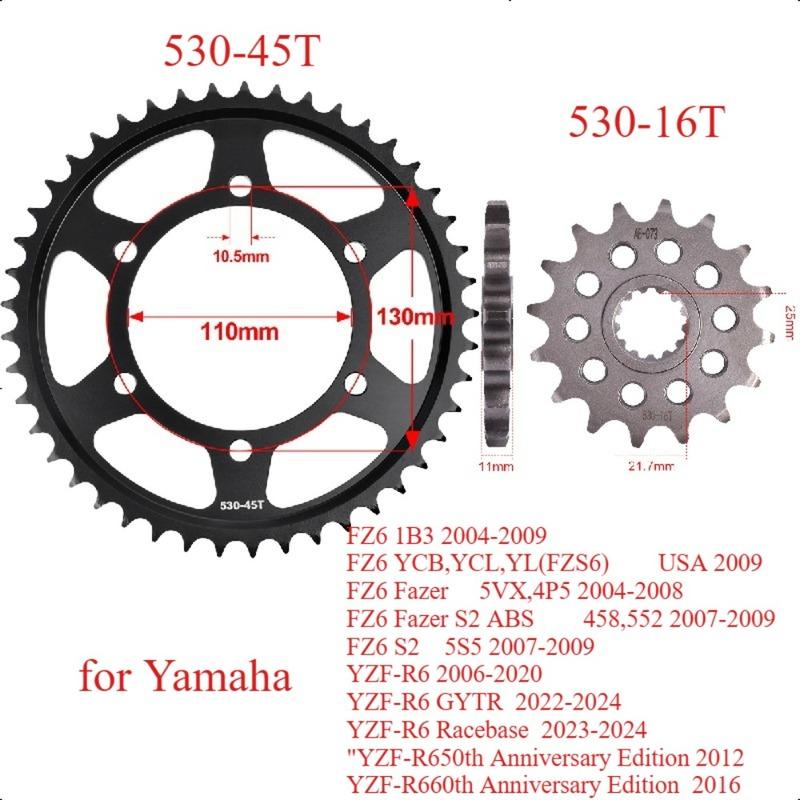 530 16T 45T Motor Bike Front Rear Sprocket Gear Wheel Cam for Yamaha FZ6 FZ6 Fazer S2 YZF-R6 Racebase YZF-R650th YZF-R660th