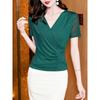Summer New Style Cross V-neck Solid Color Mesh Bright Pink Slim Fit Short-sleeved Top for Women