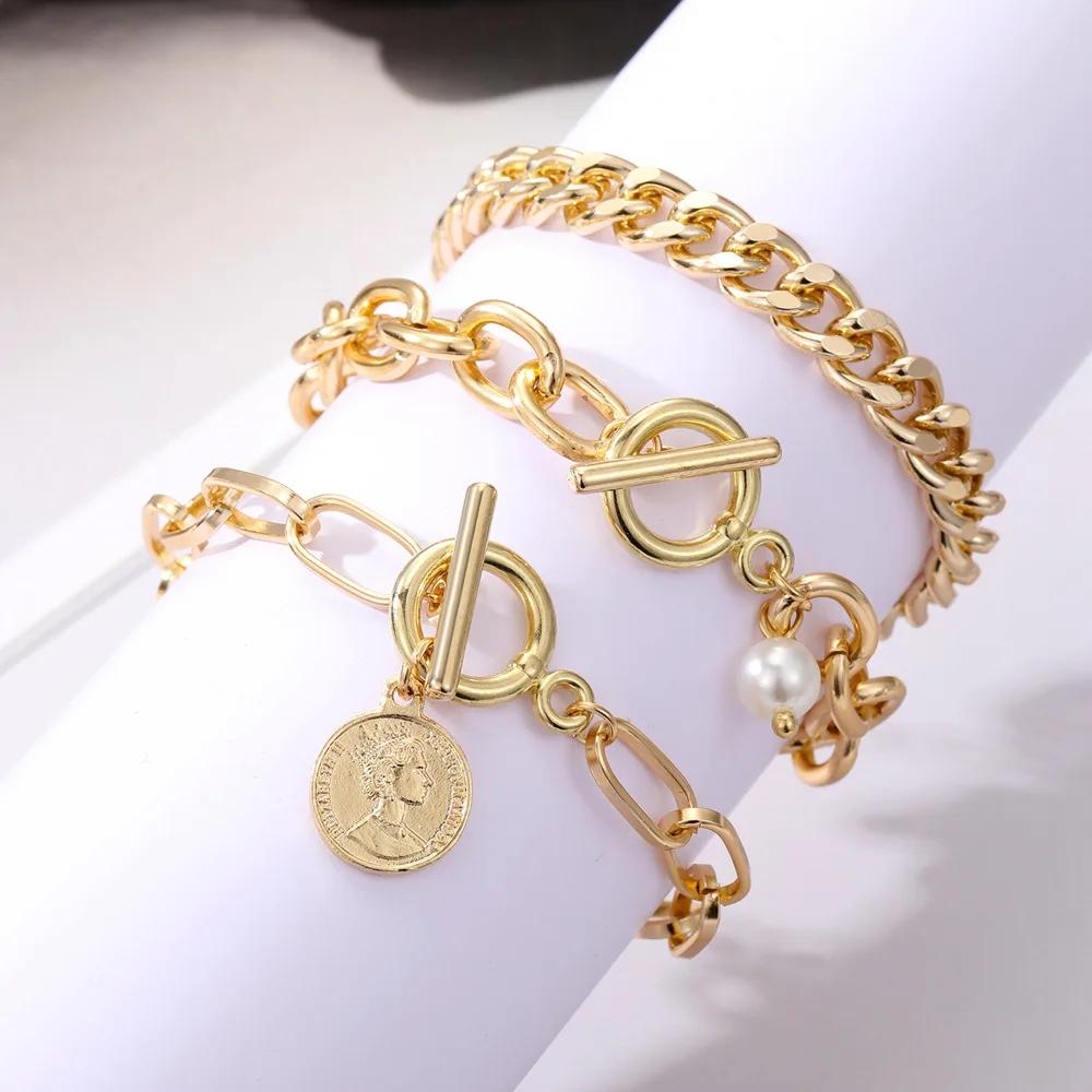 Punk Metal Damenmode Dicke Kettenglieder Armbänder Armreifen für Frauen Vintage Goldfarbe Geometrische Armbänder Set Schmuck Geschenk