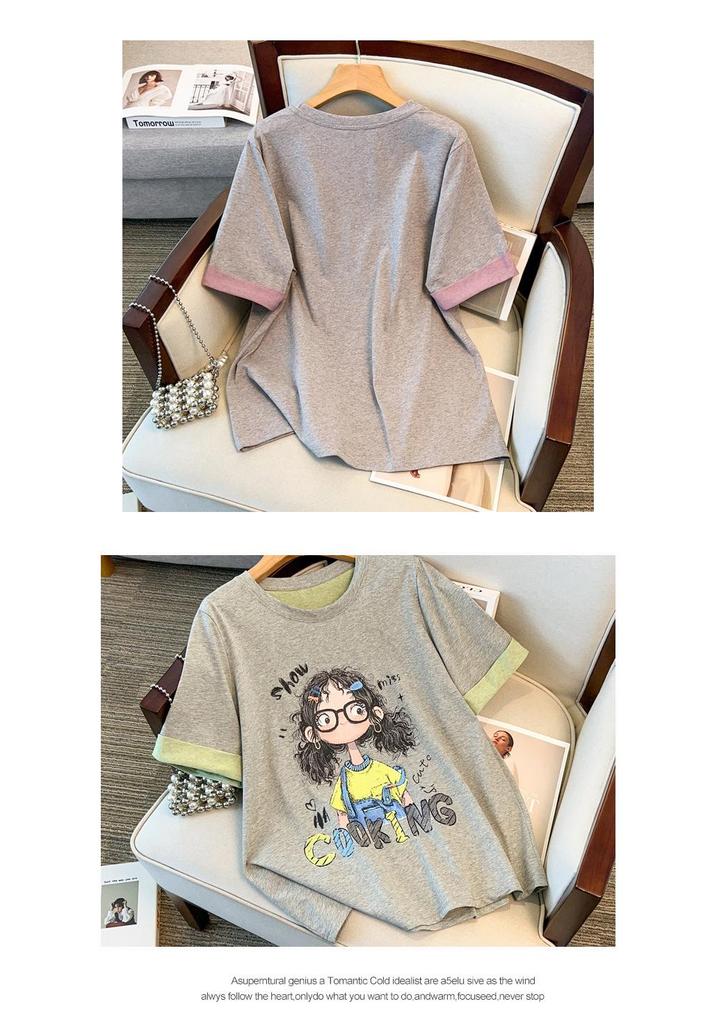 Plus Size Cartoon Print Round Neck T-shirt - Women’s Summer 2025 Fashion, Loose Fit, Short Sleeve, Versatile Style