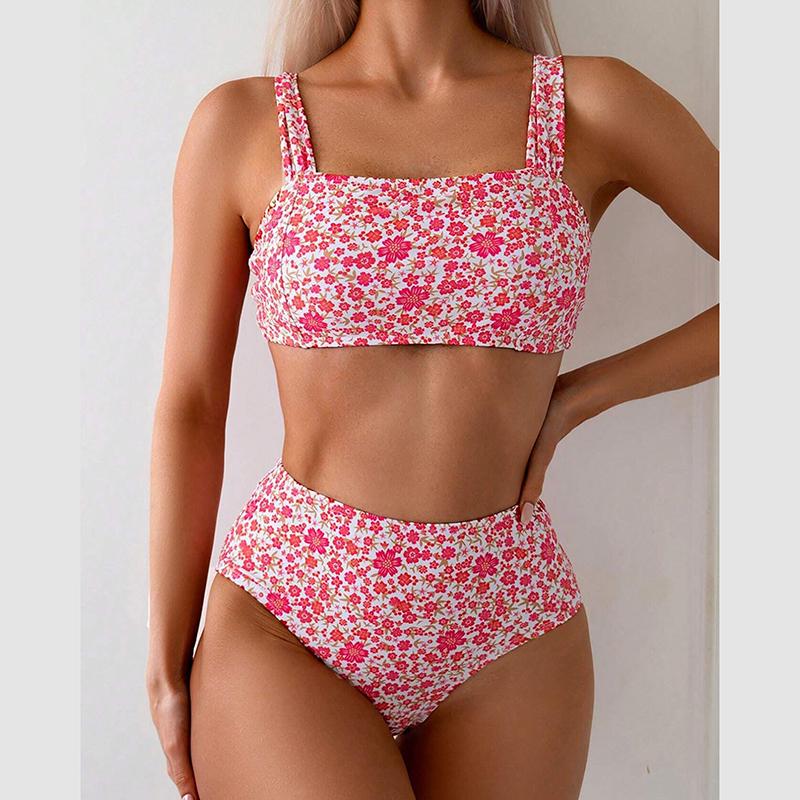 

Женский летний купальник бикини на бретелях с цветочным принтом и высокой талией для пляжного отдыха S