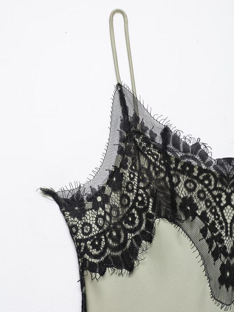Spring 2026 European & American Lace Trim Camisole Maxi Dress with Sexy Slit