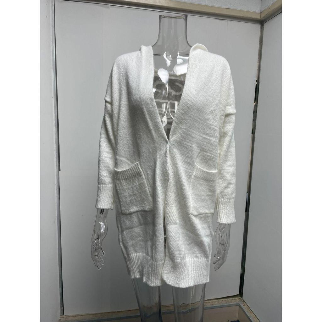 Women's Autumn and Winter Long Sleeve Lapel Hooded Long Cardigan Loose Sweater Jacket