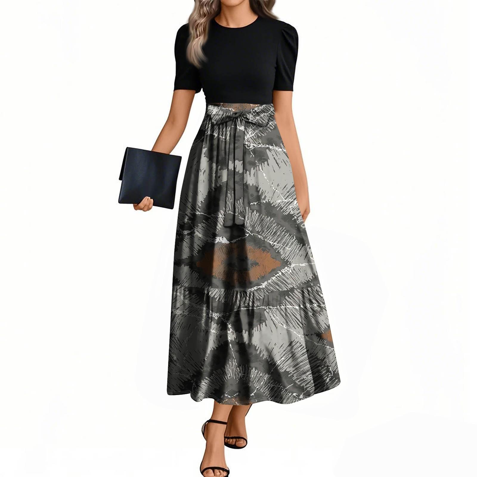 

Женские модные повседневные платья с поясом, коротким рукавом, круглым вырезом, геометрическим узором, элегантные платья с темпераментом XXL чёрный