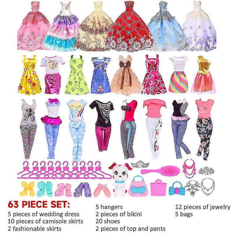 63Pcs Barbie Doll Clothes Set Accessories Clothes Shoes Handbags Accessories Set