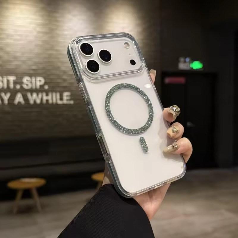 Luxury Glitter Bling For Magsafe Wireless Charge Circle Phone Case For iPhone11 12 13 14 15 16 17 Pro Max Plus 16e Clear Cover