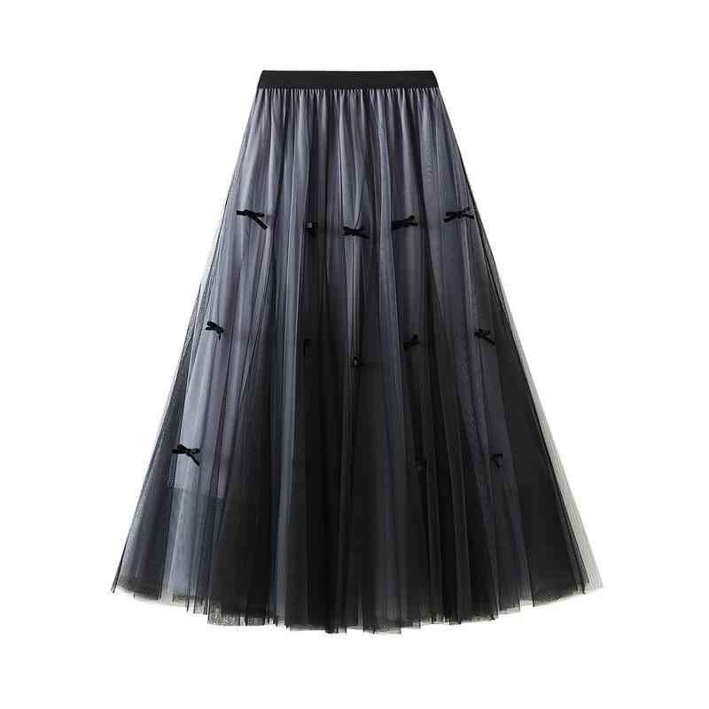 Qooth Bow Tulle Skirt Flowy A-Line Mid-Length Skirt Soft Fairy Aesthetic QT2793