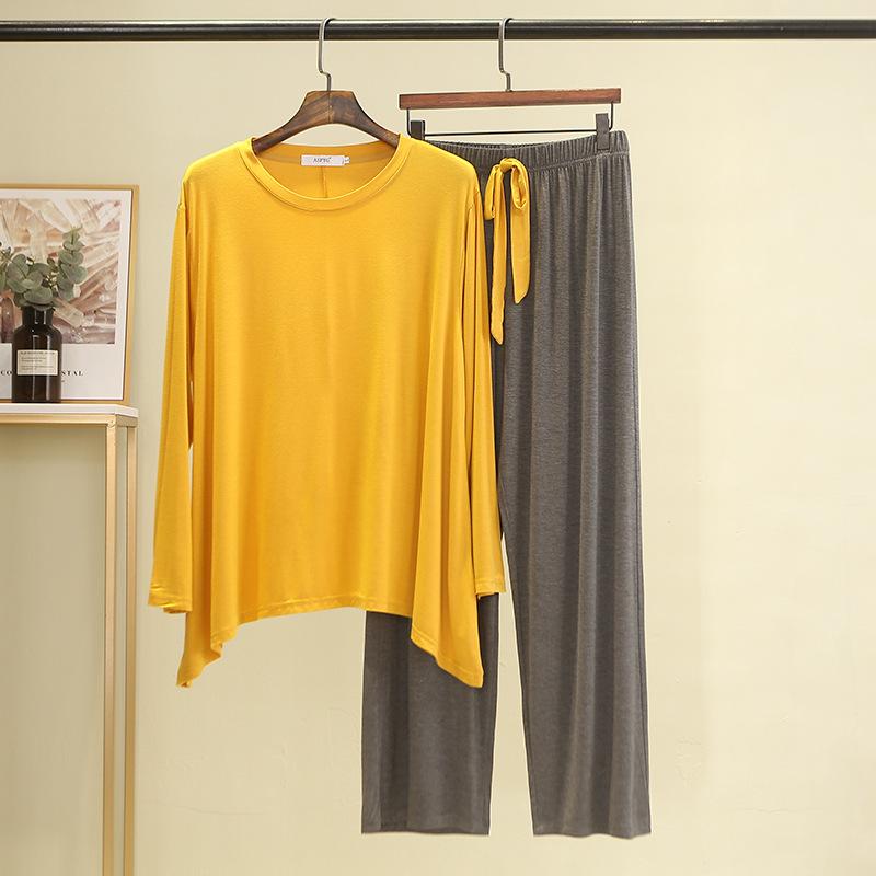 Plus Size Color-contrast Modal 2pcs Homewear Set Long Sleeve Tshirts and Wide Leg Pants Women Loose Pajamas Sets Streetwear Comfort Clothing