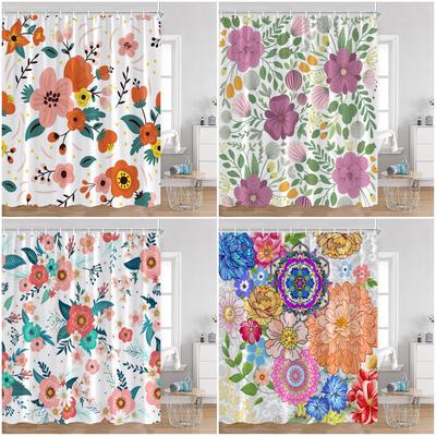 Colorful Flowers Shower Curtains Retro Flowers Bohemian Style Plants Botanical Bathroom Curtain Modern Minimalist Bath Curtain