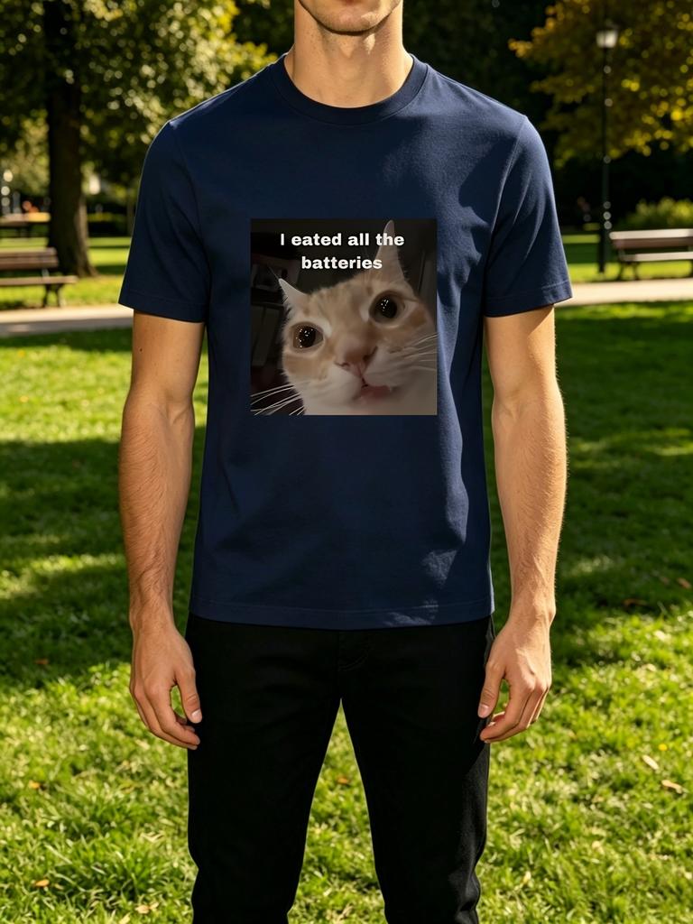 Funny I Ate All The Batteries Cat Meme Graphic Unisexs Crew Neck Short Sleeve Tee Casual Street Soft Daily Basic Wear Top