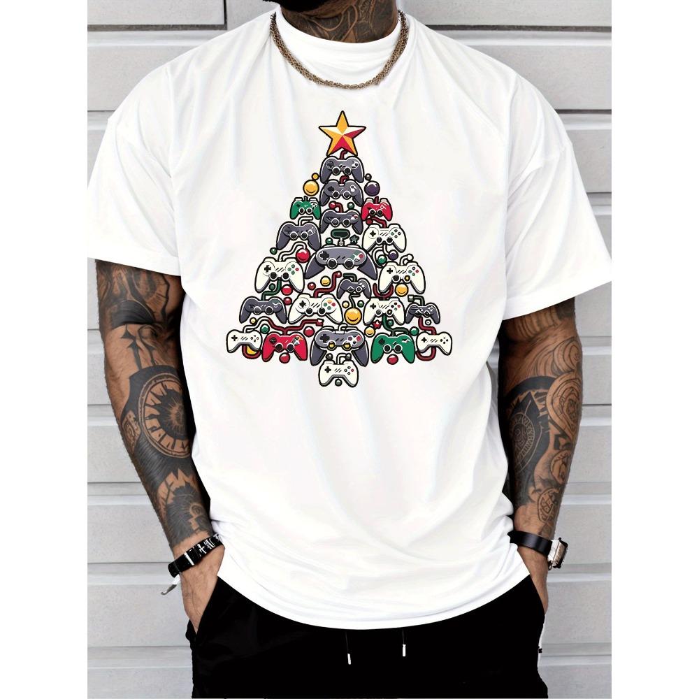 

Европейские размеры Мужская модная футболка с коротким рукавом с графическим принтом: Рождественская елка, звезда, украшение и игровой контроллер S белый