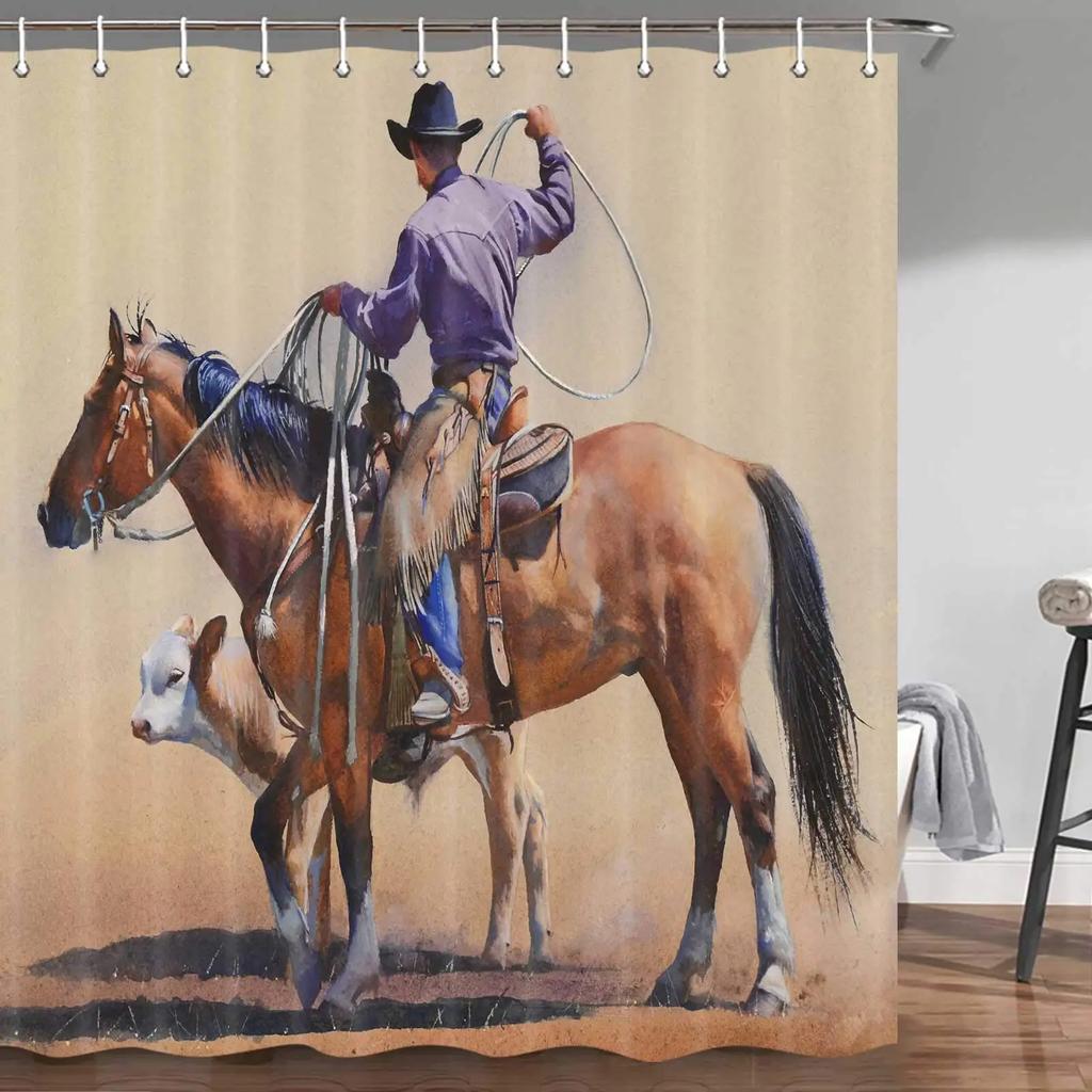 Horse Shower Curtain Western Masculine Horses Run In Farm Field Animal Farmhouse Bath Curtain Waterproof Polyester Fabric Decor
