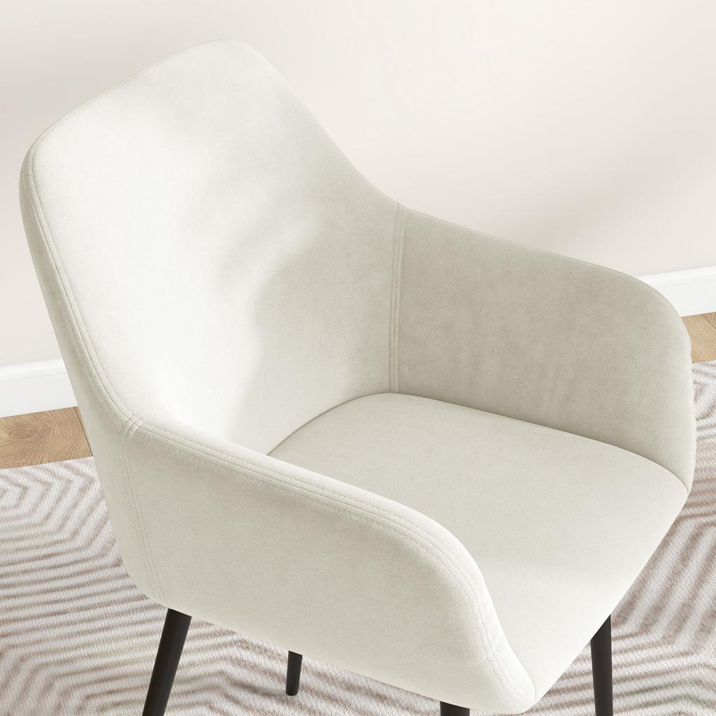 Set of 2 Nordic Dining Chairs Padded with Curved Armrests in Velvet-Effect Fabric, 54x57x80 cm, Cream